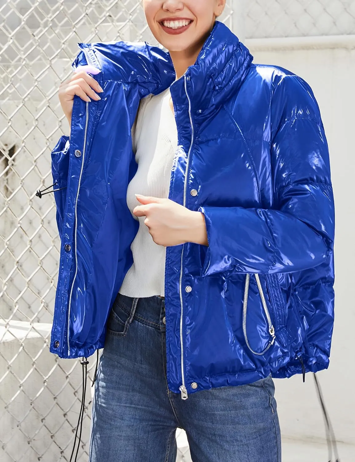 SDEER Women Zip Puffer Jacket Stand Collar Shiny Warm Winter Coat Down Jacket Lined Parka