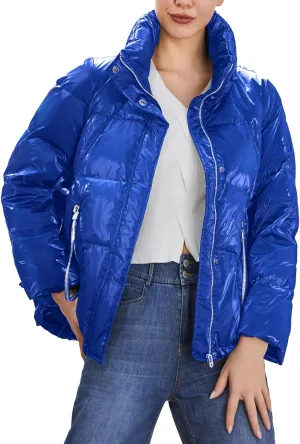 SDEER Women Zip Puffer Jacket Stand Collar Shiny Warm Winter Coat Down Jacket Lined Parka