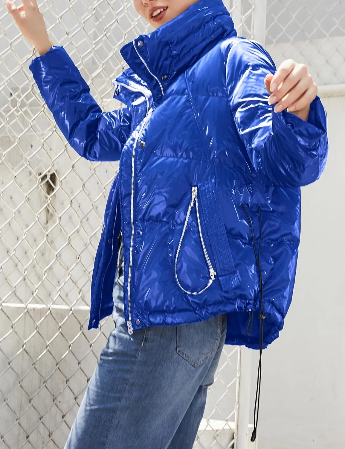 SDEER Women Zip Puffer Jacket Stand Collar Shiny Warm Winter Coat Down Jacket Lined Parka