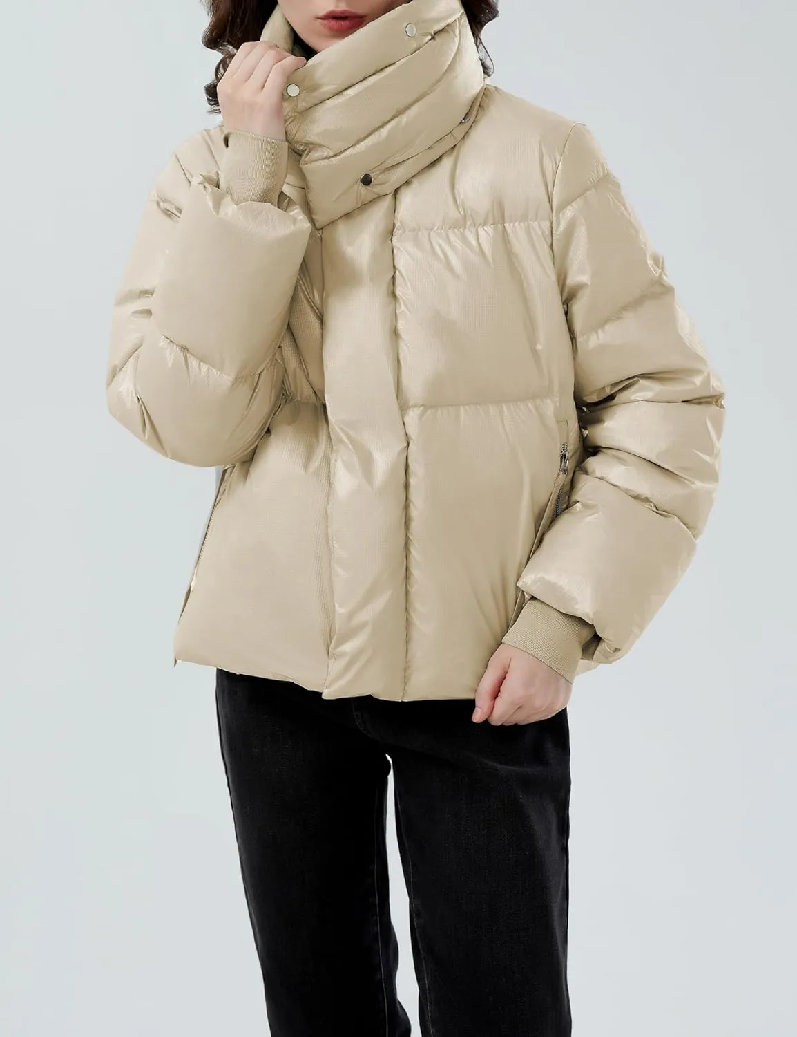 SDEER Women's Turtle Neck Cropped Puffer Jacket Parkas Long Sleeve Zipper Goose Down Jacket Coat Winter Overcoat Trendy