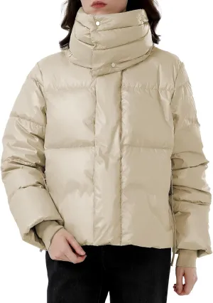 SDEER Women's Turtle Neck Cropped Puffer Jacket Parkas Long Sleeve Zipper Goose Down Jacket Coat Winter Overcoat Trendy