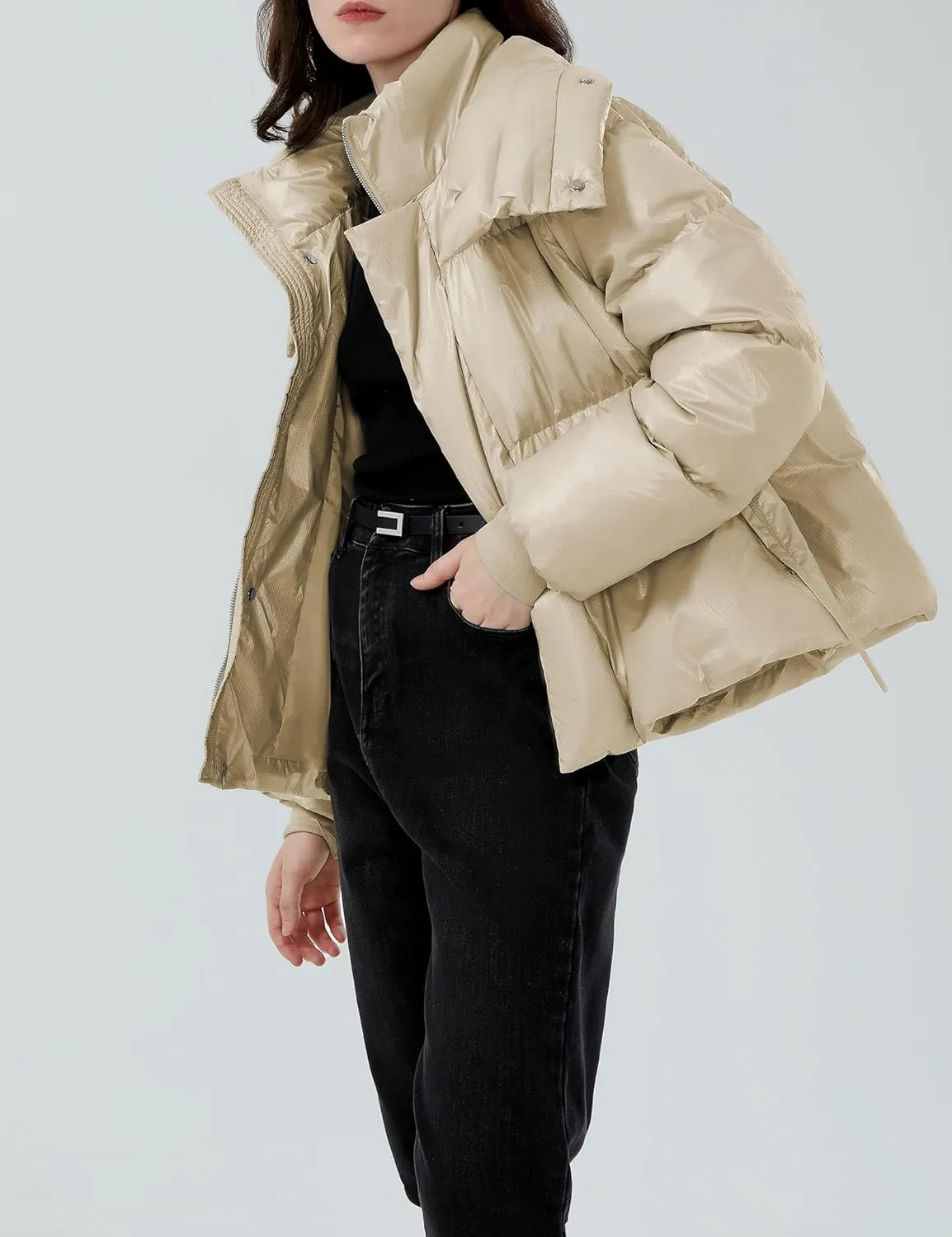 SDEER Women's Turtle Neck Cropped Puffer Jacket Parkas Long Sleeve Zipper Goose Down Jacket Coat Winter Overcoat Trendy