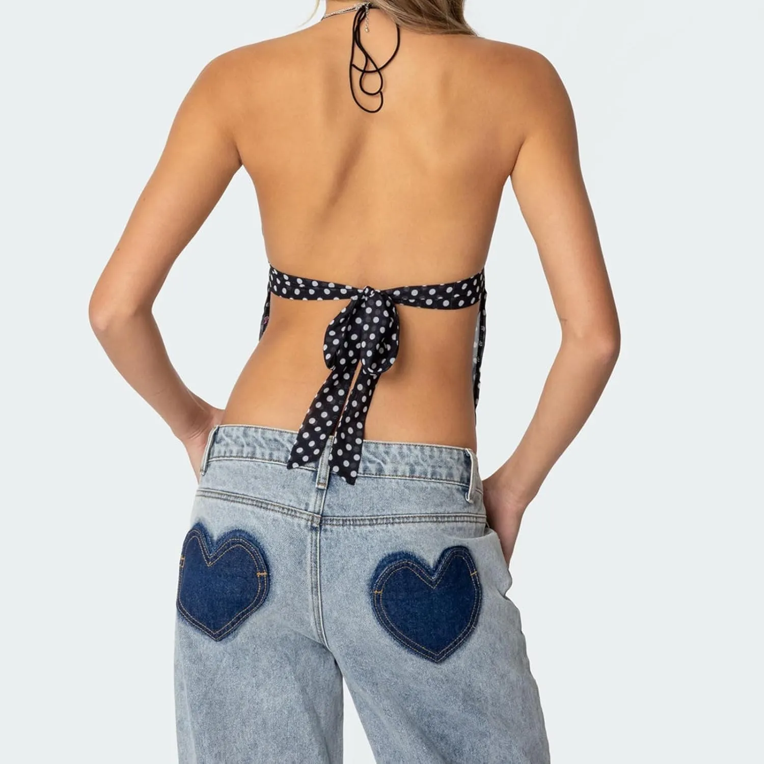 Sexy Backless Tops for Women Y2K Polka Dot Print Deep V Neck Halter Tie Back Camisole Spaghetti Strap Going Out Tops