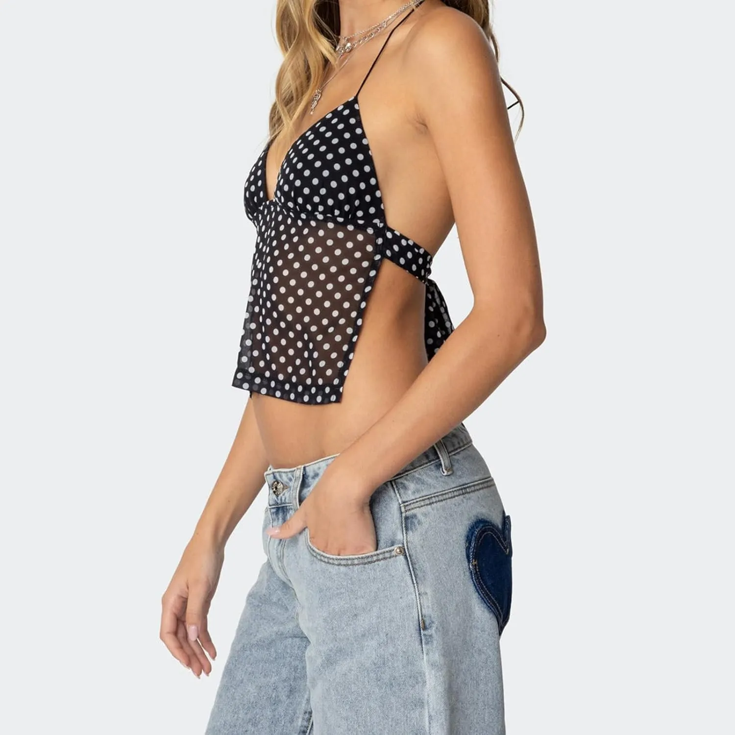 Sexy Backless Tops for Women Y2K Polka Dot Print Deep V Neck Halter Tie Back Camisole Spaghetti Strap Going Out Tops