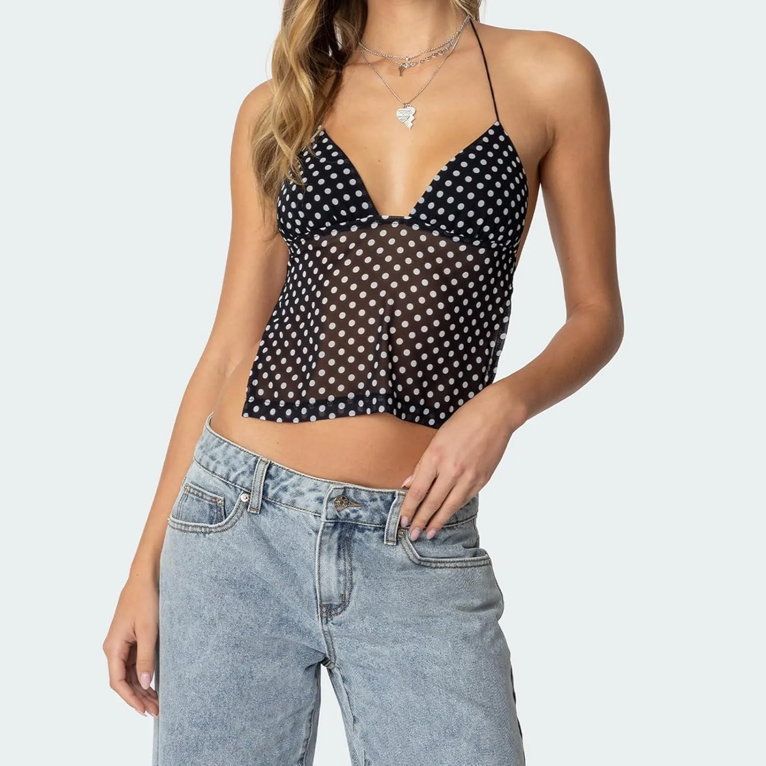 Sexy Backless Tops for Women Y2K Polka Dot Print Deep V Neck Halter Tie Back Camisole Spaghetti Strap Going Out Tops