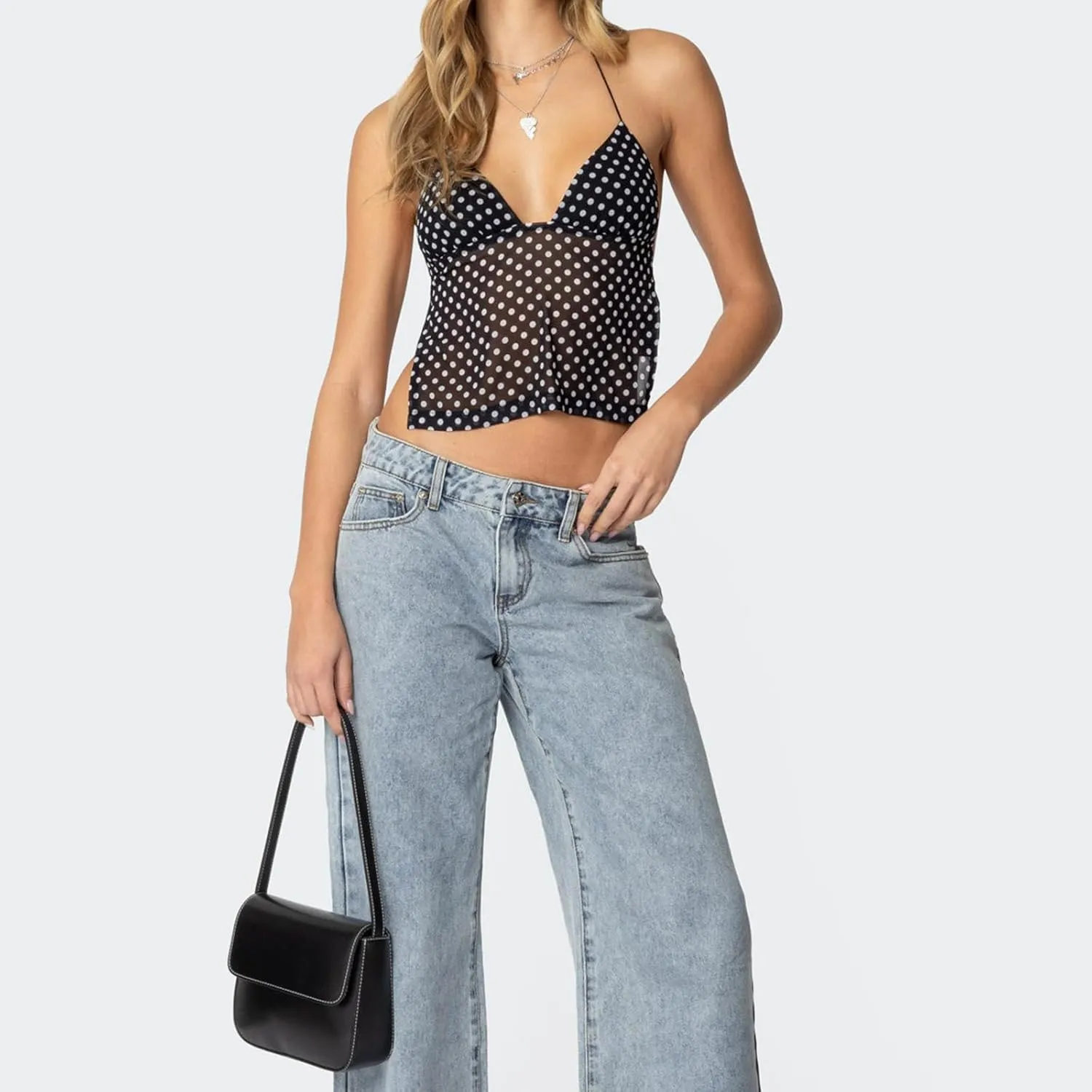 Sexy Backless Tops for Women Y2K Polka Dot Print Deep V Neck Halter Tie Back Camisole Spaghetti Strap Going Out Tops