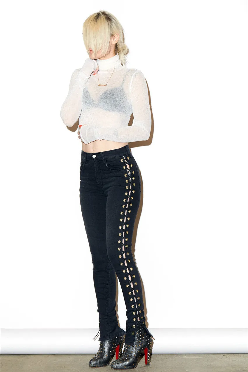 Side Straps Lace Up Hollow Out Long Skinny Pants