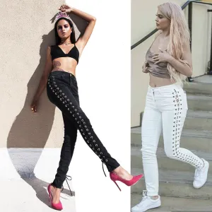 Side Straps Lace Up Hollow Out Long Skinny Pants