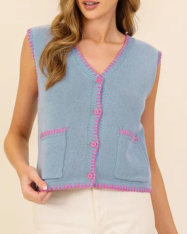 Sleeveless Knit Sweater Vest Top - Light Blue