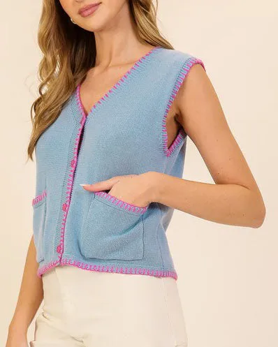 Sleeveless Knit Sweater Vest Top - Light Blue