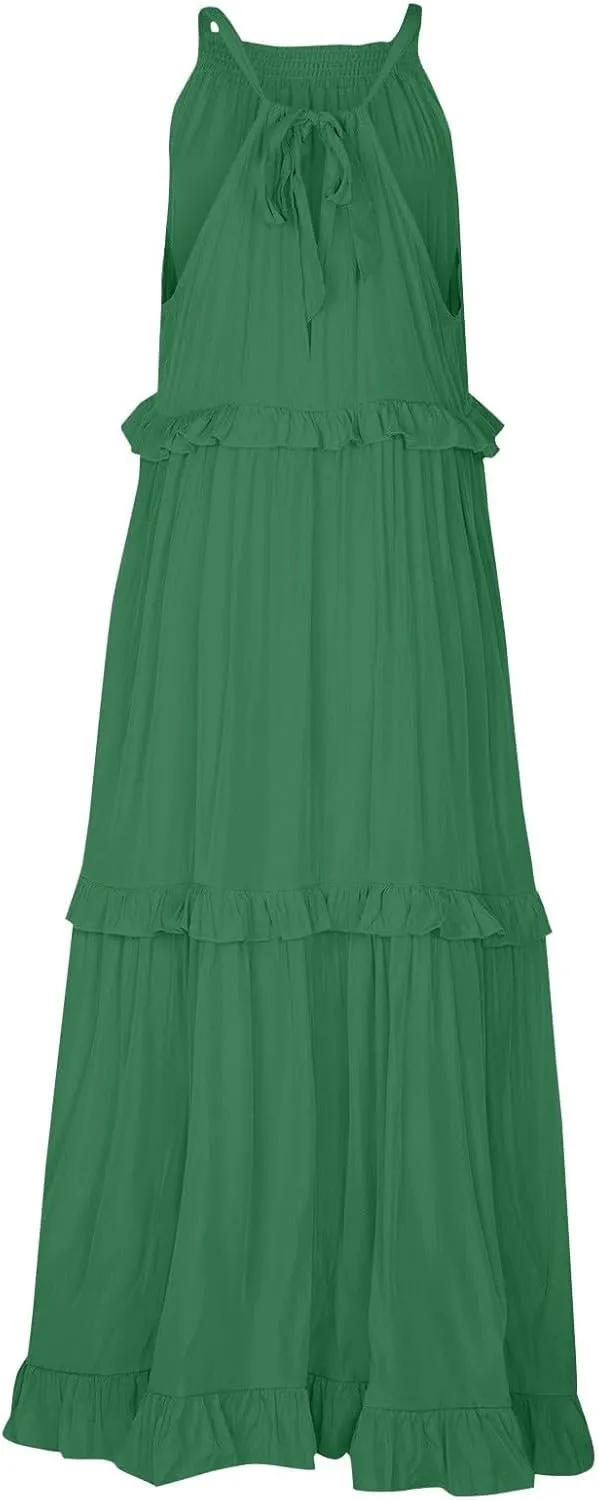 Smocked Dress Women Summer Sleeveless Tank Halter Tie Back Loose Flowy Ruffle Tiered Maxi Dress with Pockets