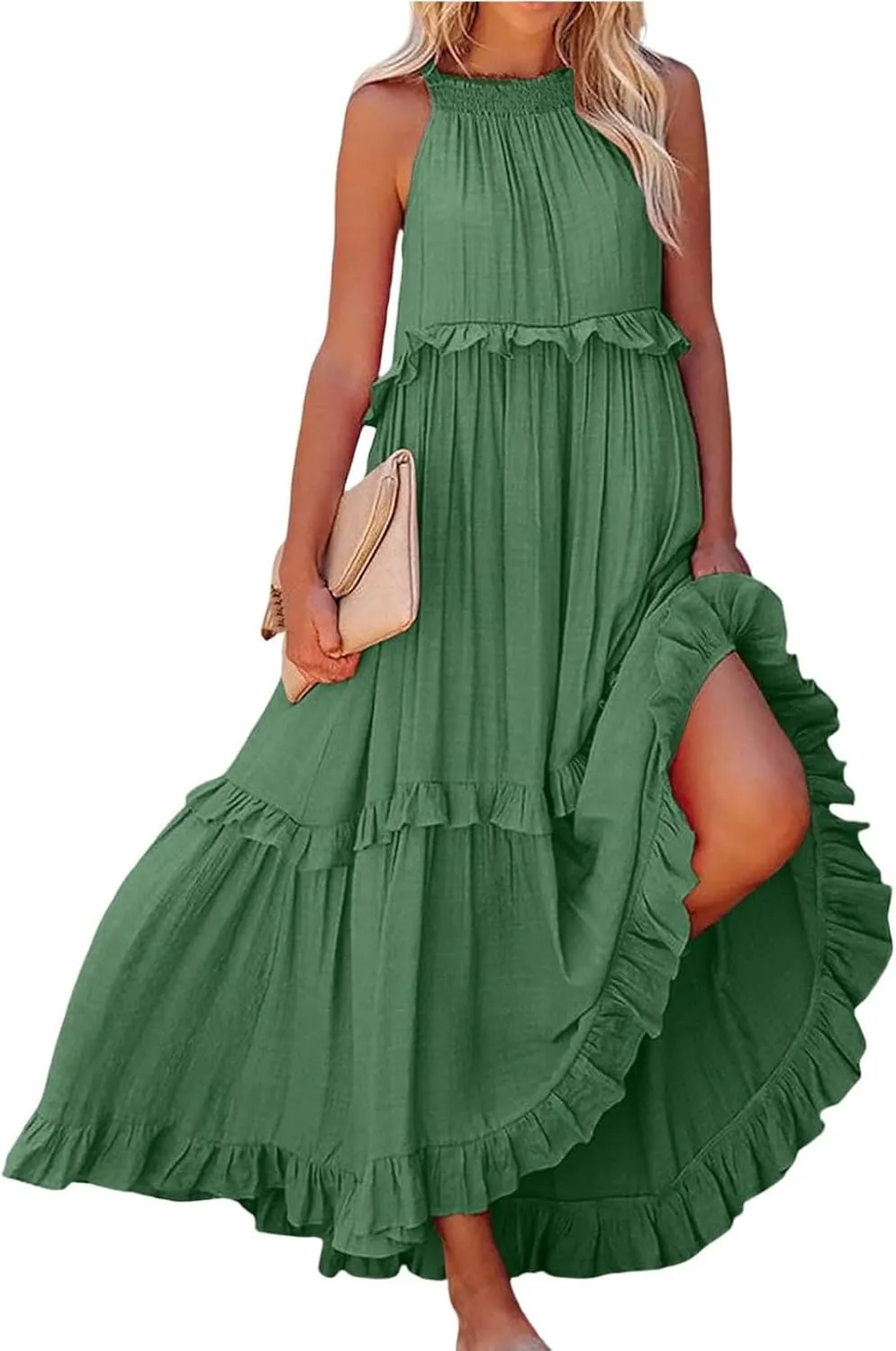 Smocked Dress Women Summer Sleeveless Tank Halter Tie Back Loose Flowy Ruffle Tiered Maxi Dress with Pockets