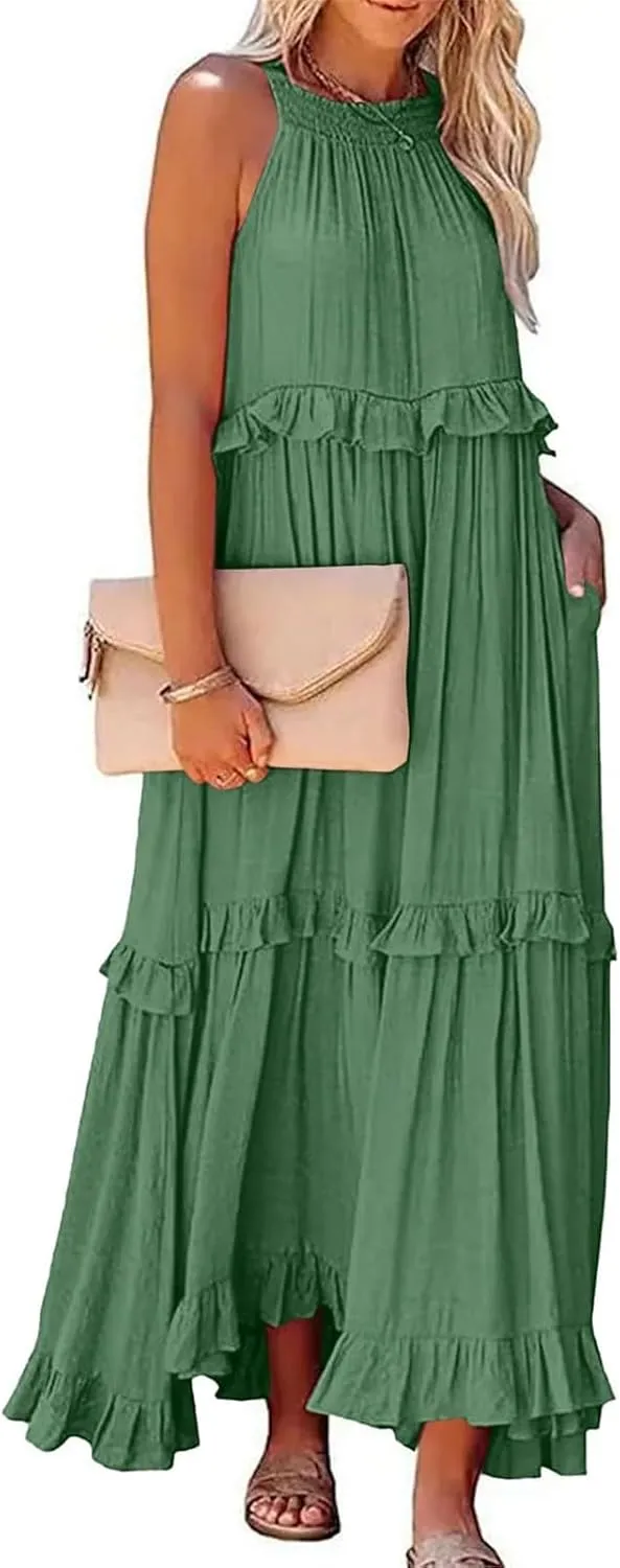 Smocked Dress Women Summer Sleeveless Tank Halter Tie Back Loose Flowy Ruffle Tiered Maxi Dress with Pockets