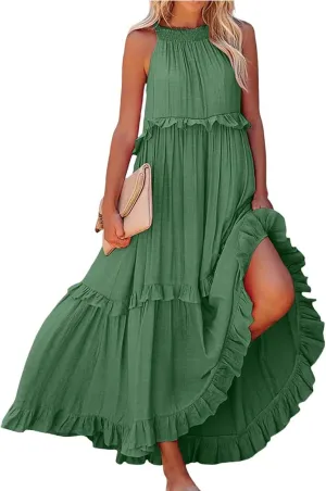 Smocked Dress Women Summer Sleeveless Tank Halter Tie Back Loose Flowy Ruffle Tiered Maxi Dress with Pockets