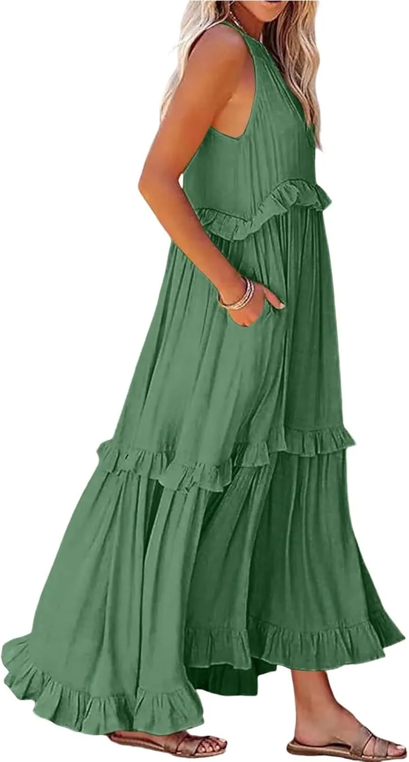 Smocked Dress Women Summer Sleeveless Tank Halter Tie Back Loose Flowy Ruffle Tiered Maxi Dress with Pockets