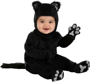 Soft Furry Feline | Black Cat Costume for Infants | Cozy Jumpsuit, Hood, Mitts, Booties | Perfect Halloween Outfit for Baby