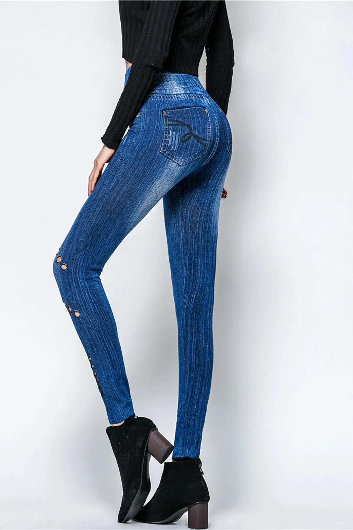 Solid Color Hollow Out Elastic Long Pencil Skinny Pants