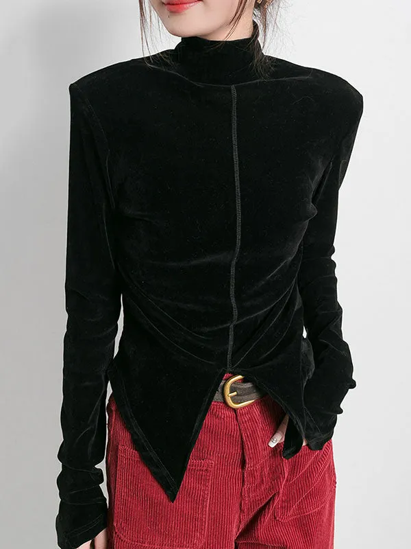 Solid Color Split-Front Velvet High-Low Long Sleeves Mock Neck T-Shirts Tops