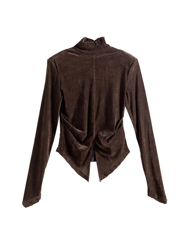 Solid Color Split-Front Velvet High-Low Long Sleeves Mock Neck T-Shirts Tops