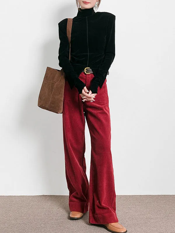 Solid Color Split-Front Velvet High-Low Long Sleeves Mock Neck T-Shirts Tops
