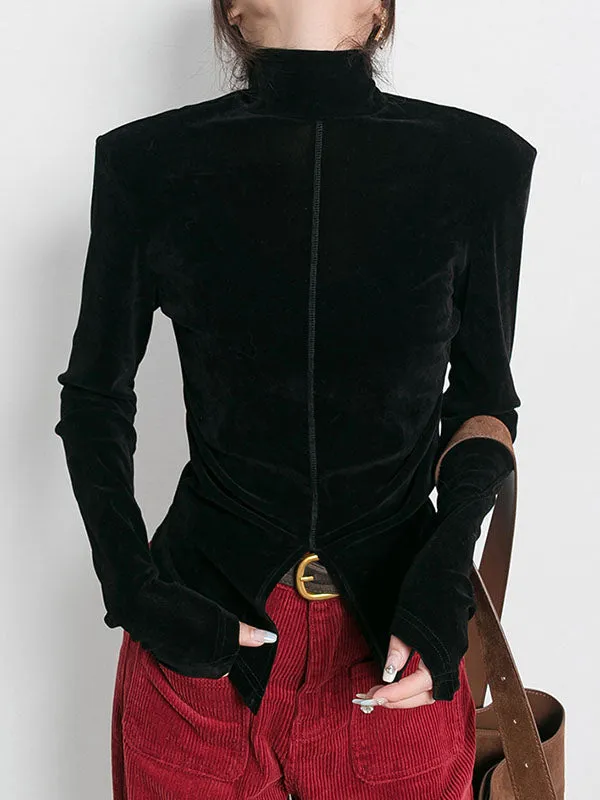 Solid Color Split-Front Velvet High-Low Long Sleeves Mock Neck T-Shirts Tops