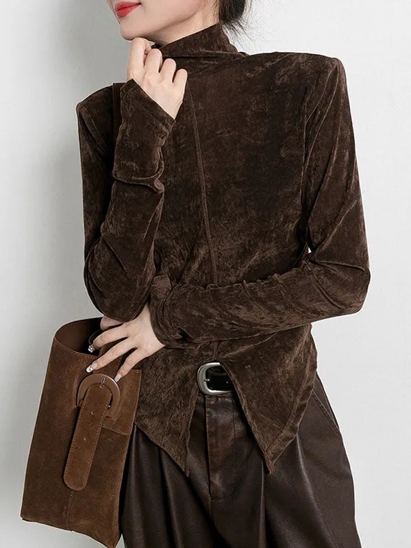 Solid Color Split-Front Velvet High-Low Long Sleeves Mock Neck T-Shirts Tops