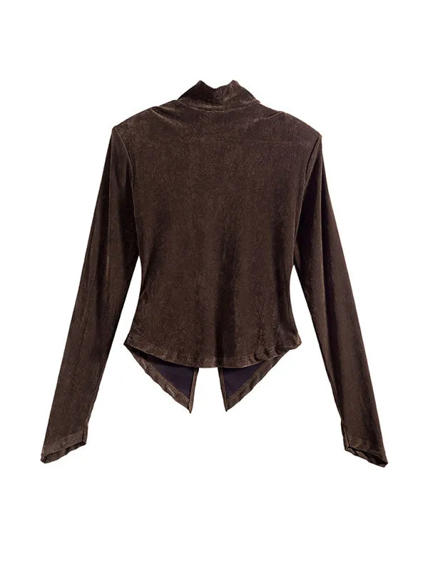 Solid Color Split-Front Velvet High-Low Long Sleeves Mock Neck T-Shirts Tops