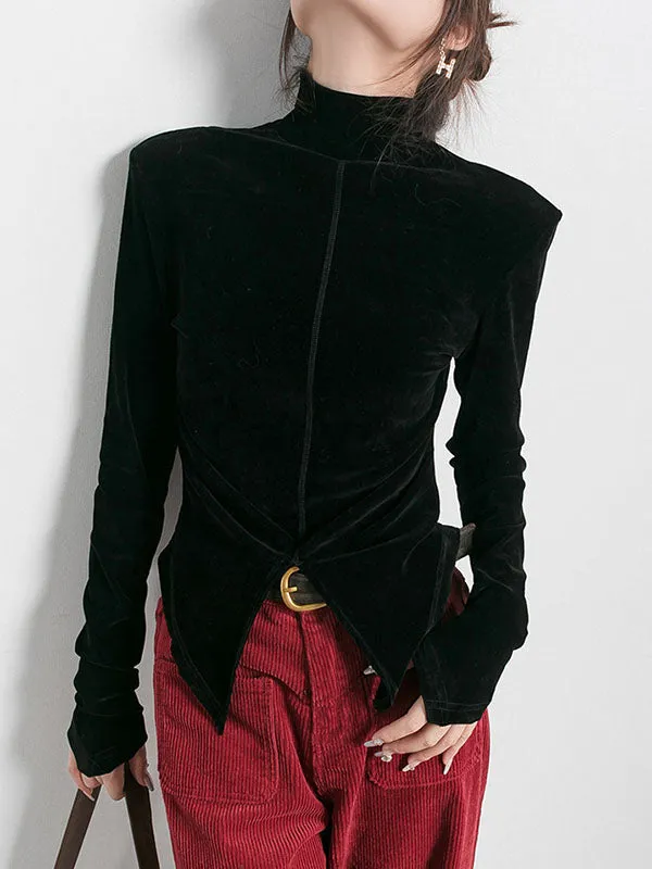 Solid Color Split-Front Velvet High-Low Long Sleeves Mock Neck T-Shirts Tops