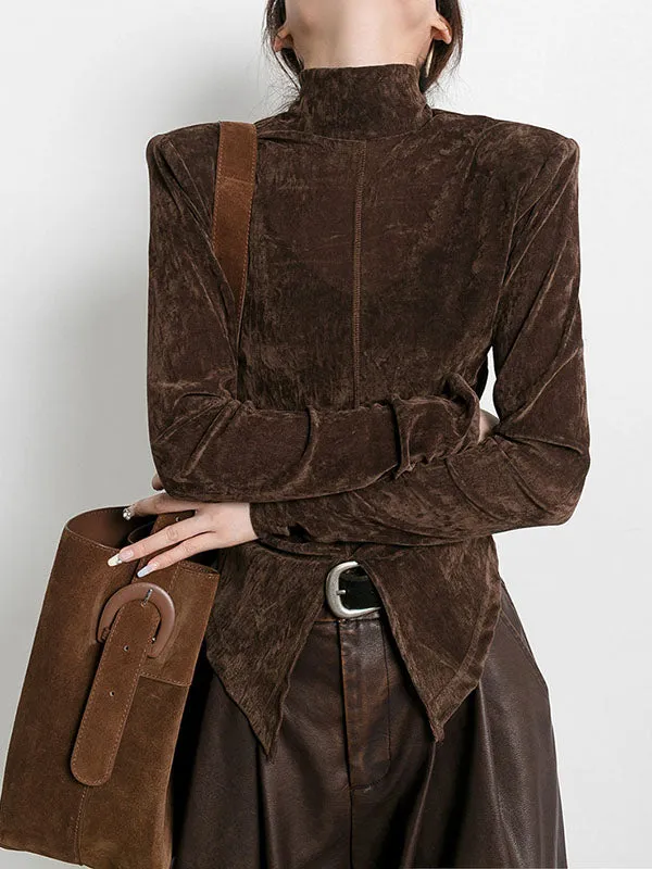Solid Color Split-Front Velvet High-Low Long Sleeves Mock Neck T-Shirts Tops
