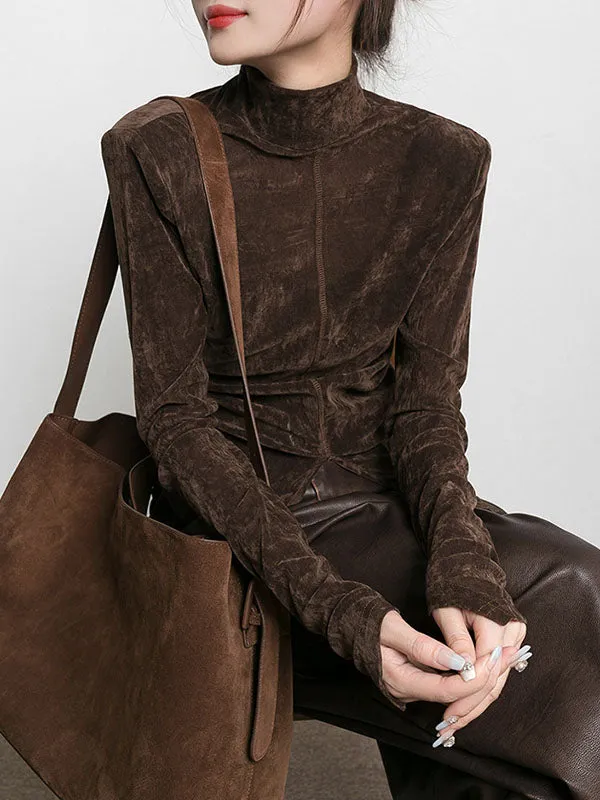Solid Color Split-Front Velvet High-Low Long Sleeves Mock Neck T-Shirts Tops
