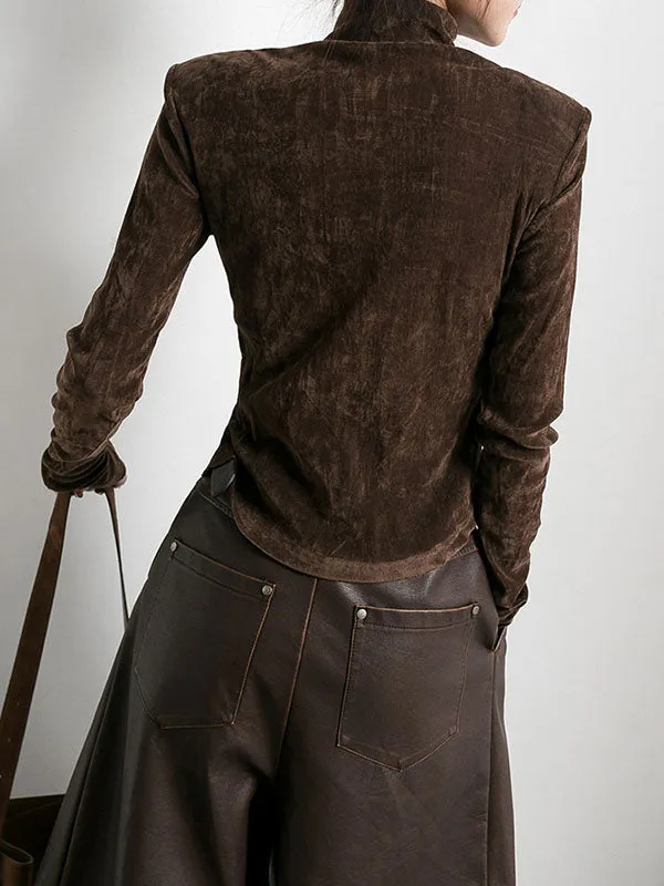 Solid Color Split-Front Velvet High-Low Long Sleeves Mock Neck T-Shirts Tops