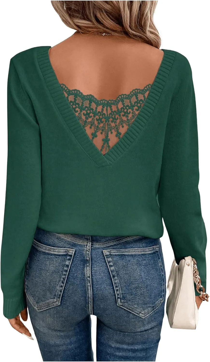 SOLY HUX Women's V Neck Sweaters Lace Back Pullover Sweater Long Sleeve Knit Tops