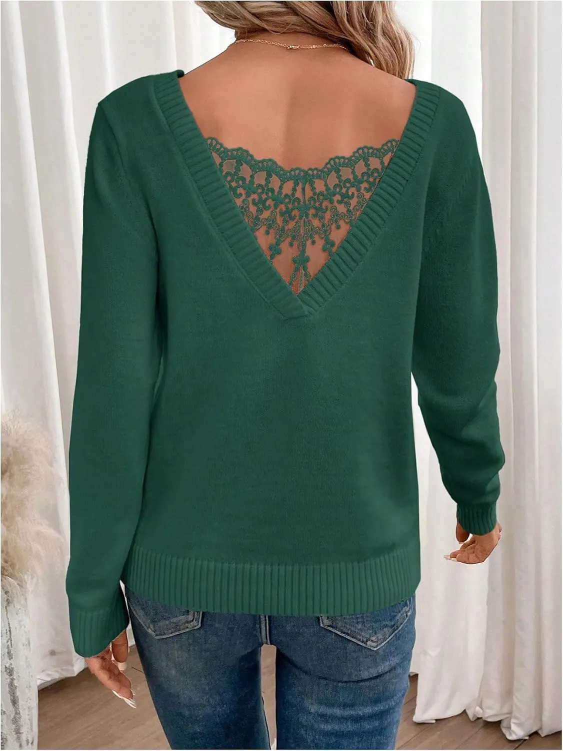 SOLY HUX Women's V Neck Sweaters Lace Back Pullover Sweater Long Sleeve Knit Tops