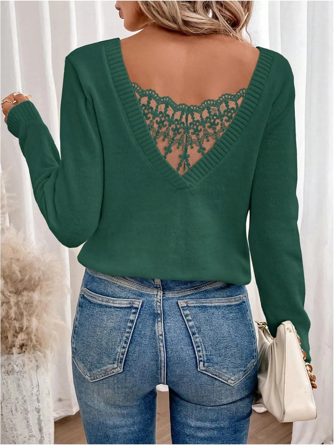 SOLY HUX Women's V Neck Sweaters Lace Back Pullover Sweater Long Sleeve Knit Tops