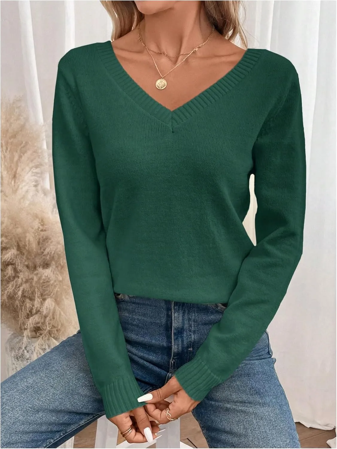 SOLY HUX Women's V Neck Sweaters Lace Back Pullover Sweater Long Sleeve Knit Tops
