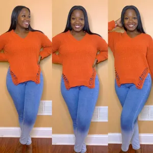 Split Distressed Sweater (Rust)