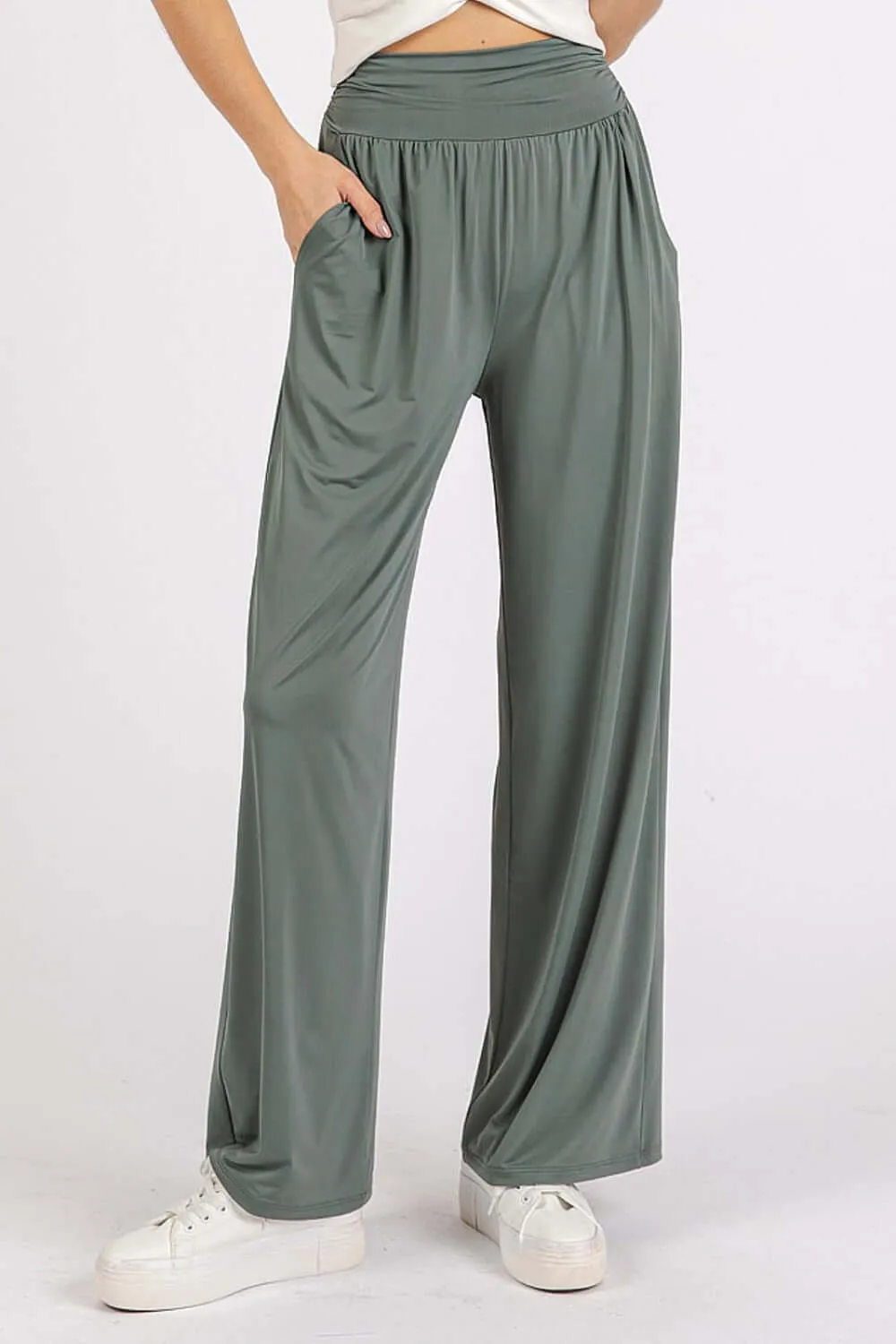 Stretch Banded Waist Wide Leg Pants