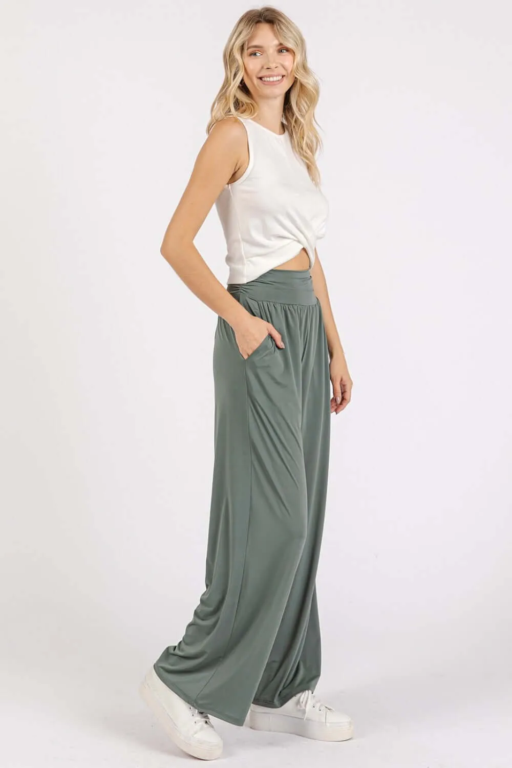 Stretch Banded Waist Wide Leg Pants