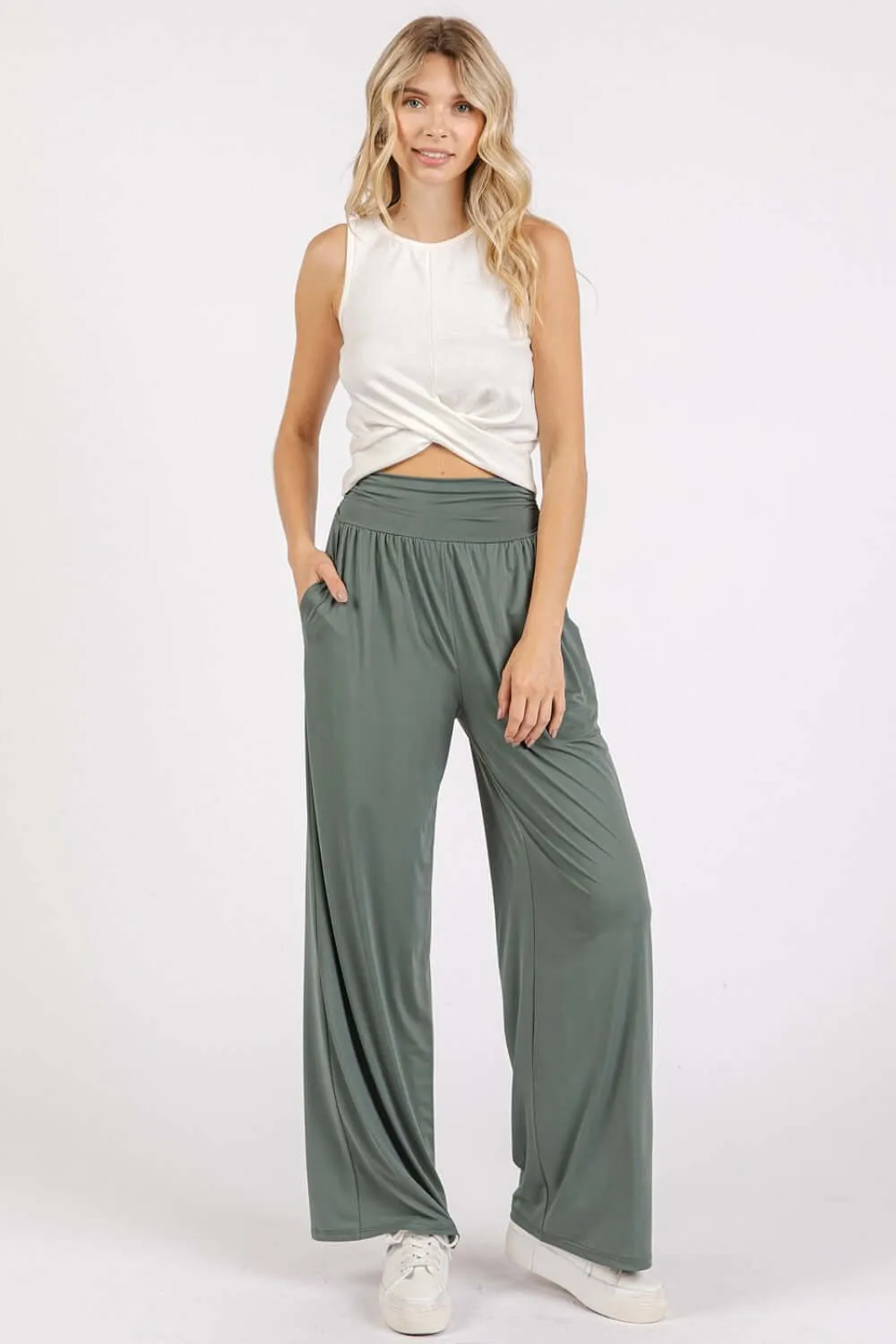 Stretch Banded Waist Wide Leg Pants
