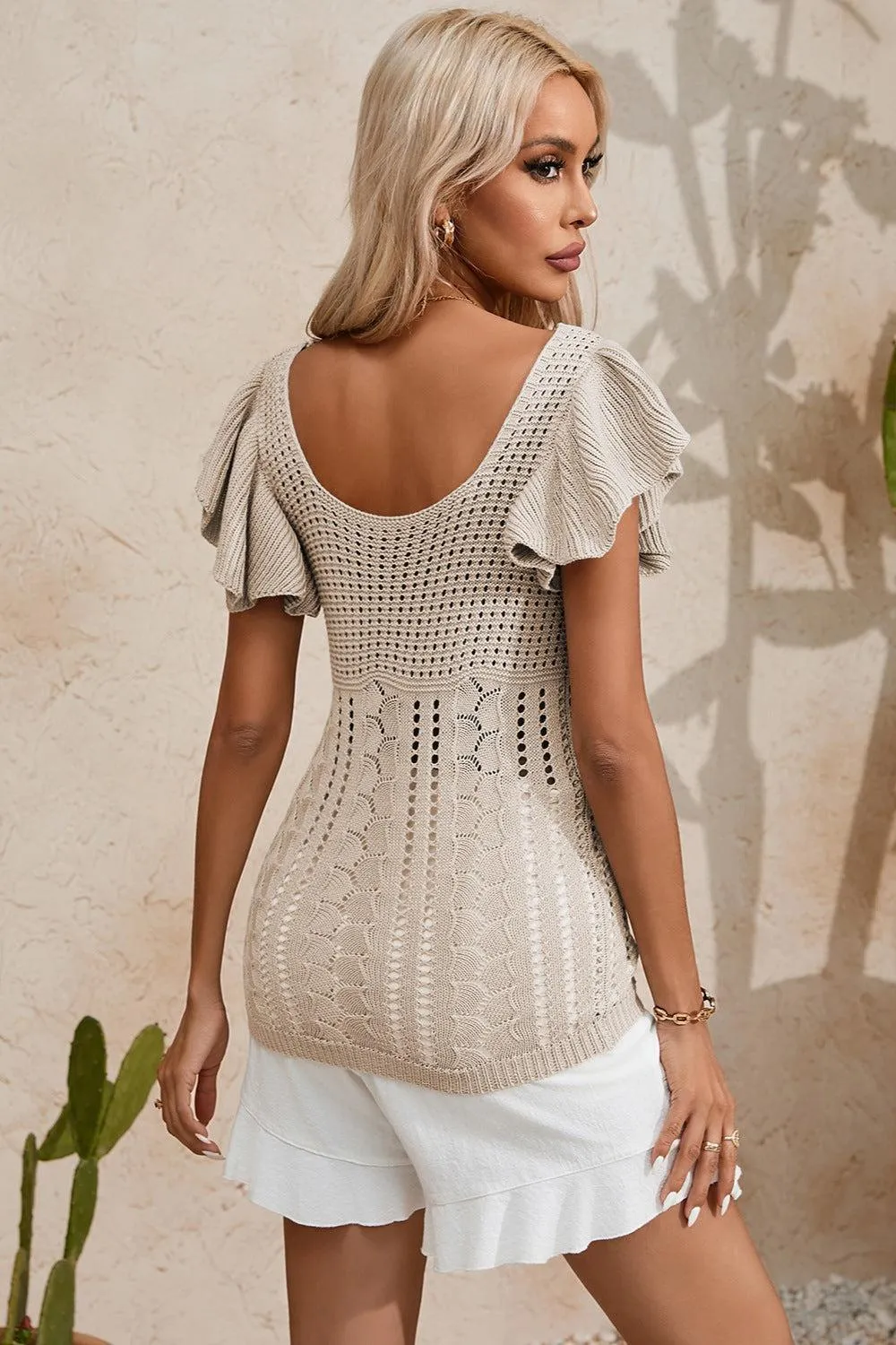 Stylish All Day Flutter Sleeve Scoop Neck Knit Top