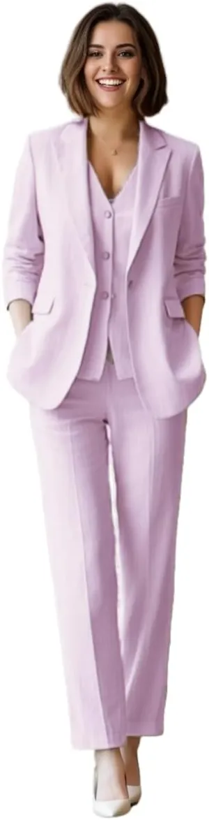 Summer Linen Womens Tuxedo 3 Piece Suit Sets Blazer Pants Vest Womens Business Professional Outfits