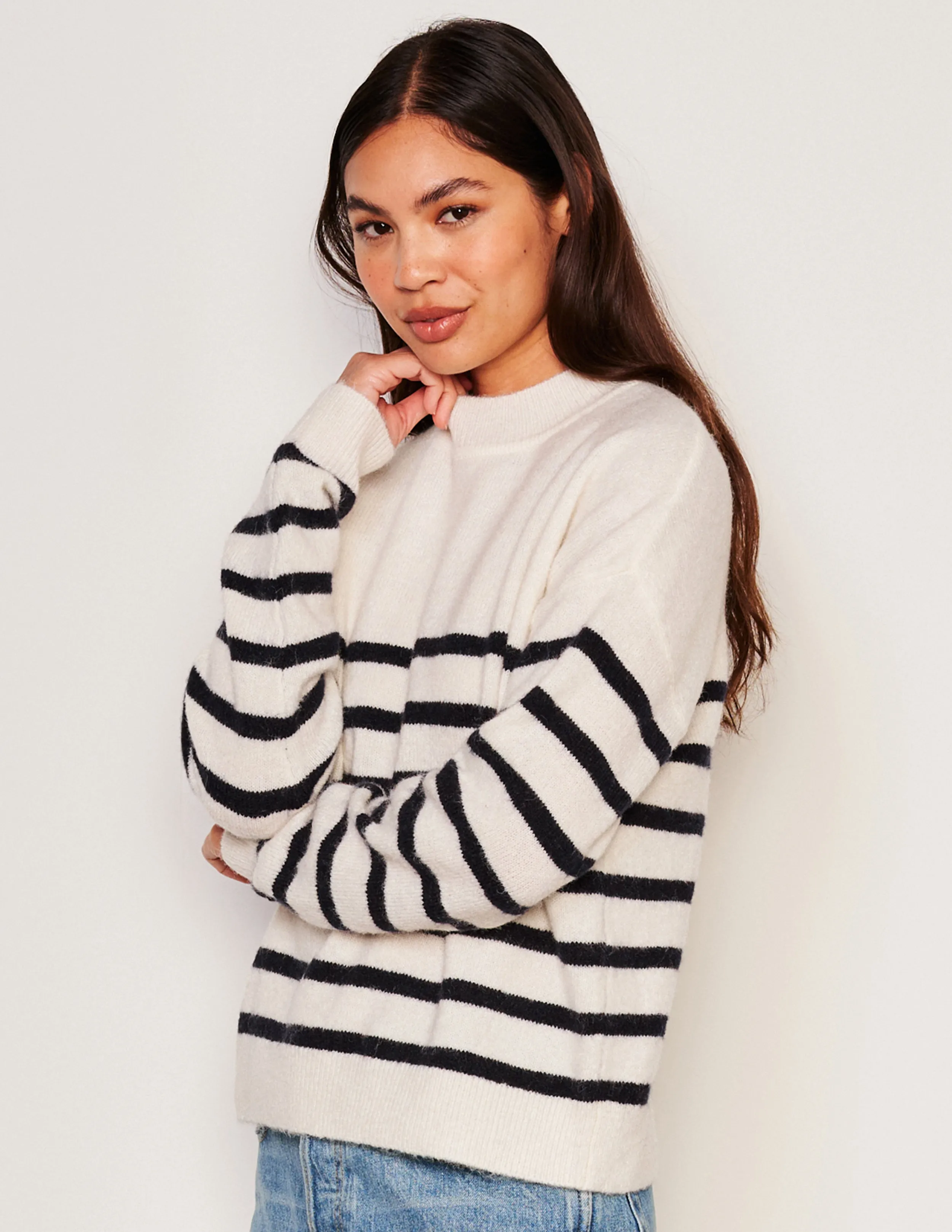 Sundry Stripes Mock Neck Cozy Sweater in Oyster