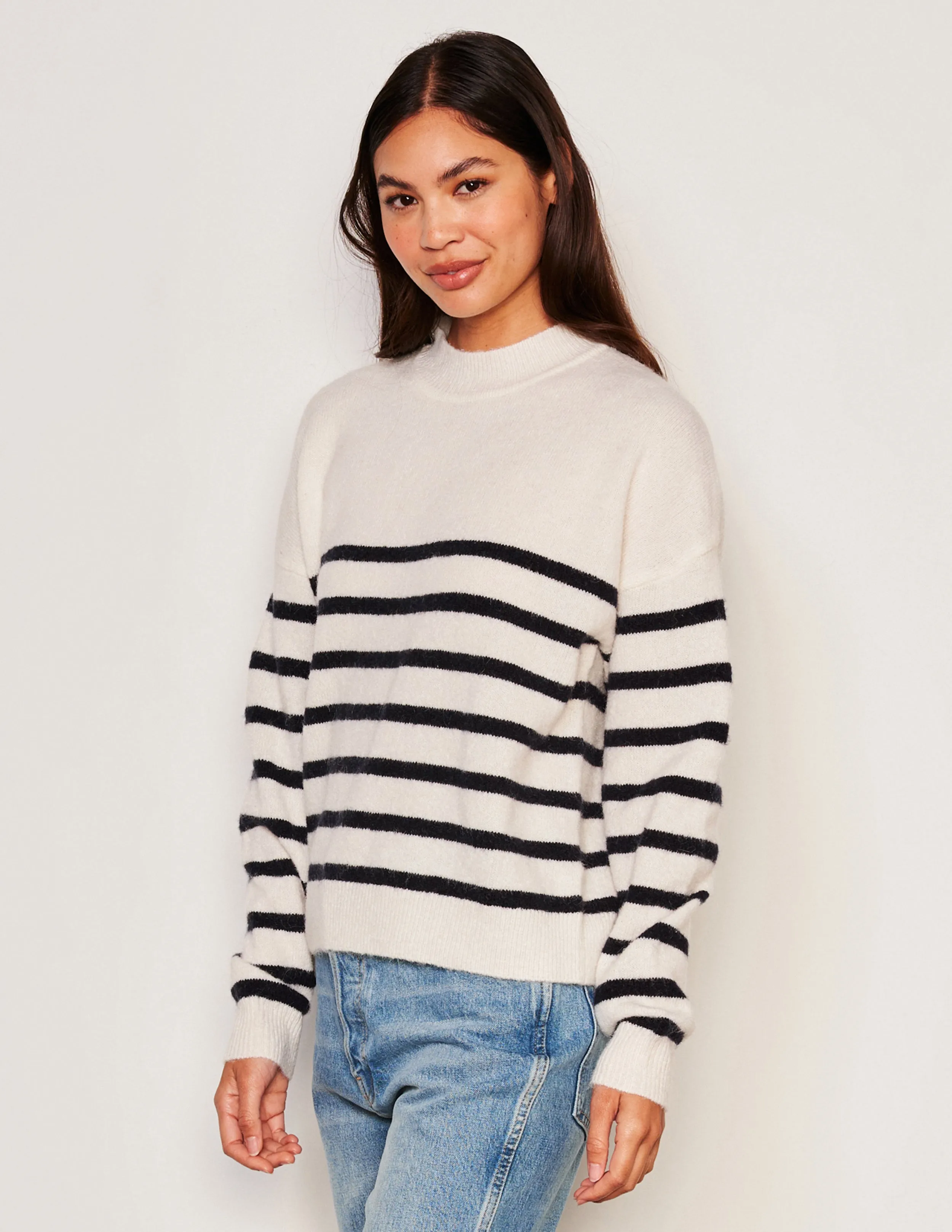 Sundry Stripes Mock Neck Cozy Sweater in Oyster