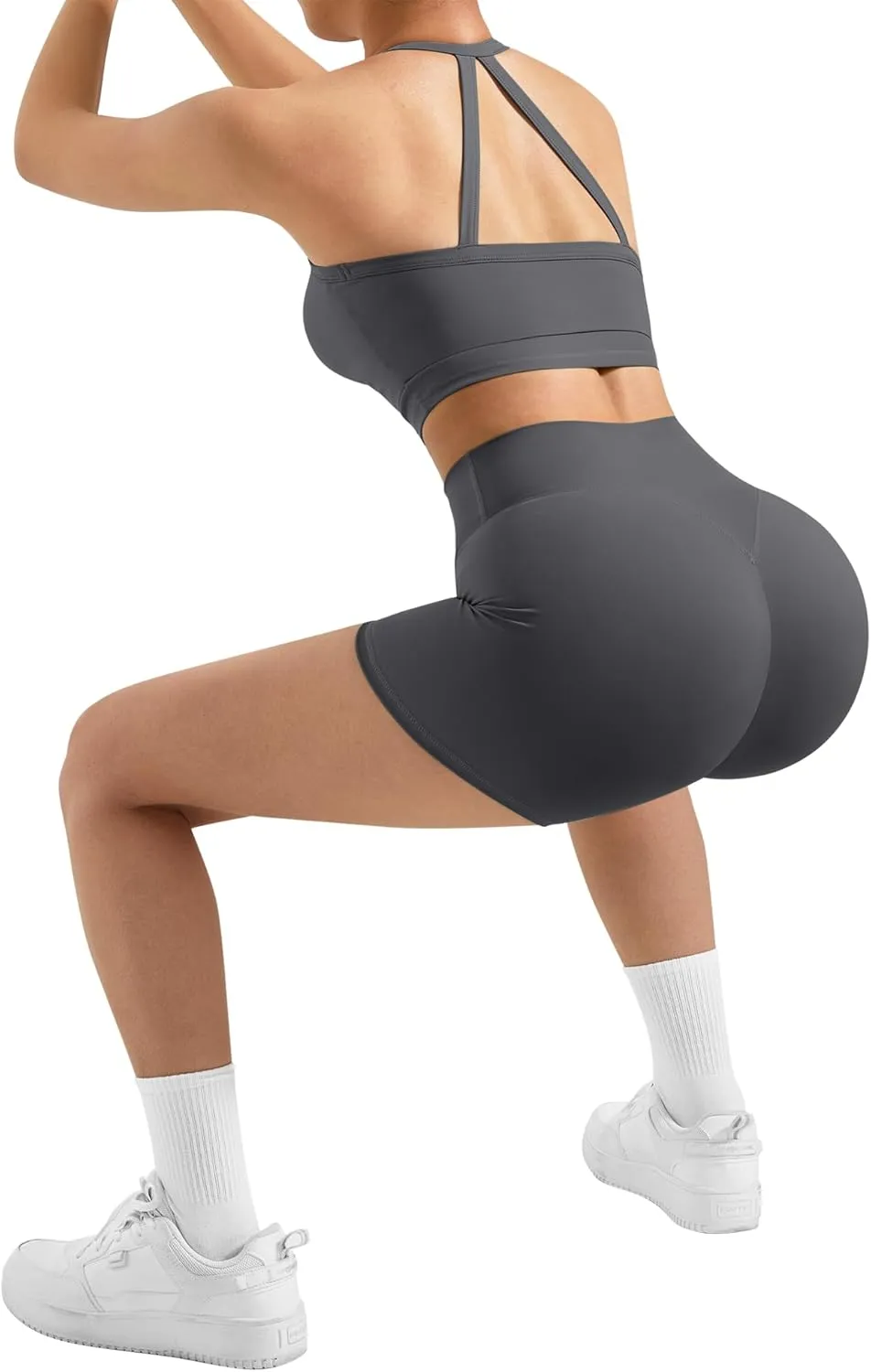 SUUKSESS Women 2 Piece Workout Sets High Waisted Tummy Control Biker Shorts Halter Backless Tank Tops