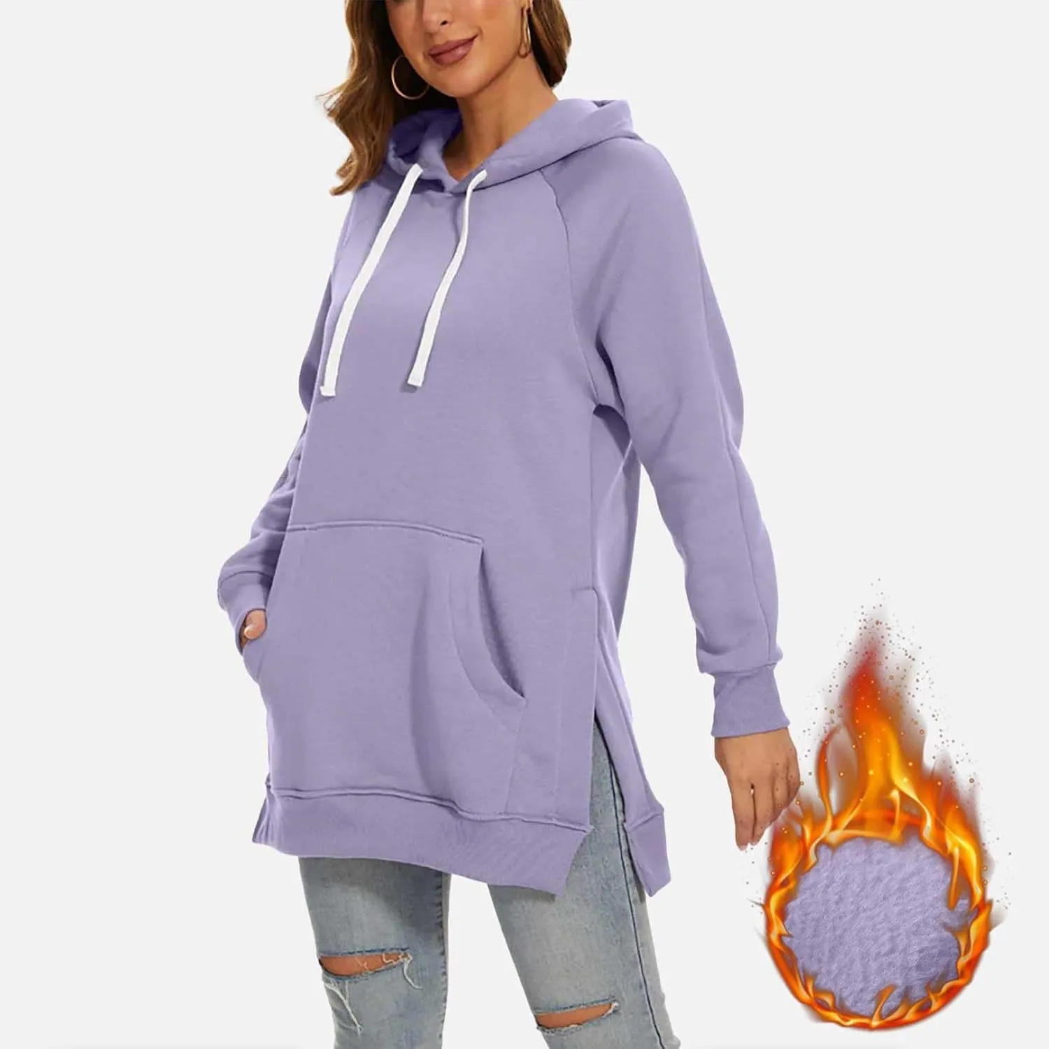 The Warmys Oversized Hoodie Dress, Sherpa Lined Long Sleeve Split Hem Valentines Day Pullover Sweatshirts with Pocket