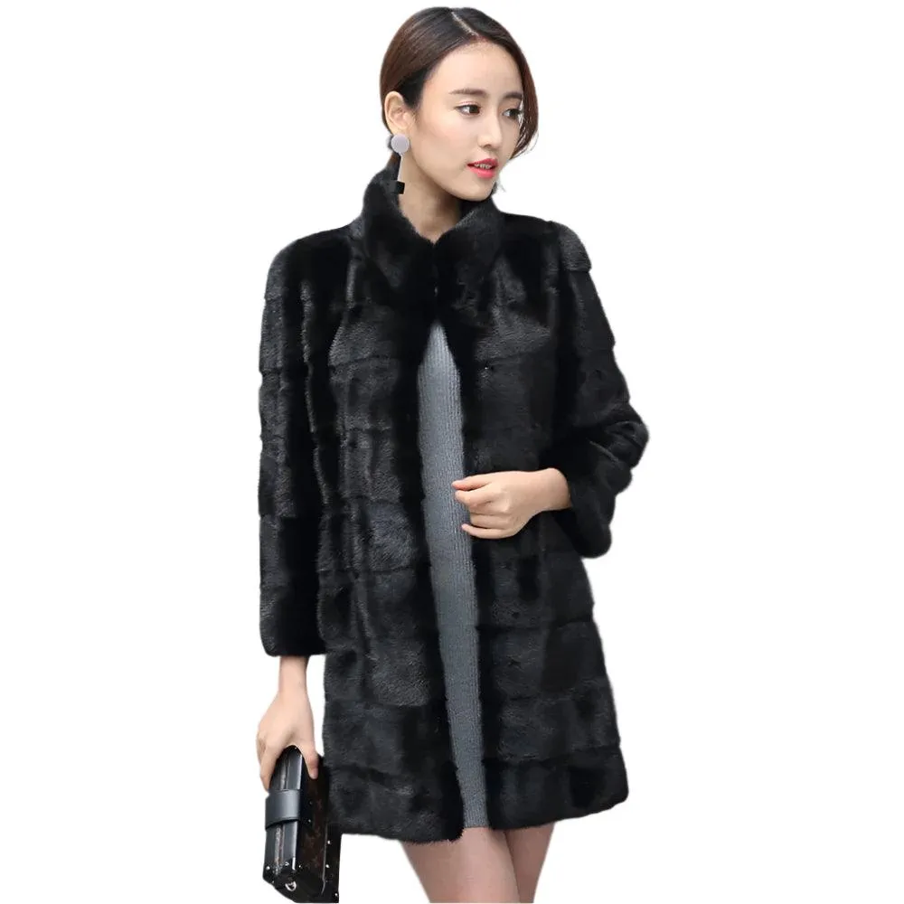 Thick Warm Collar Rabbit Fur Coat Women's Long-sleeve Fashion Jacket  Fur Coat