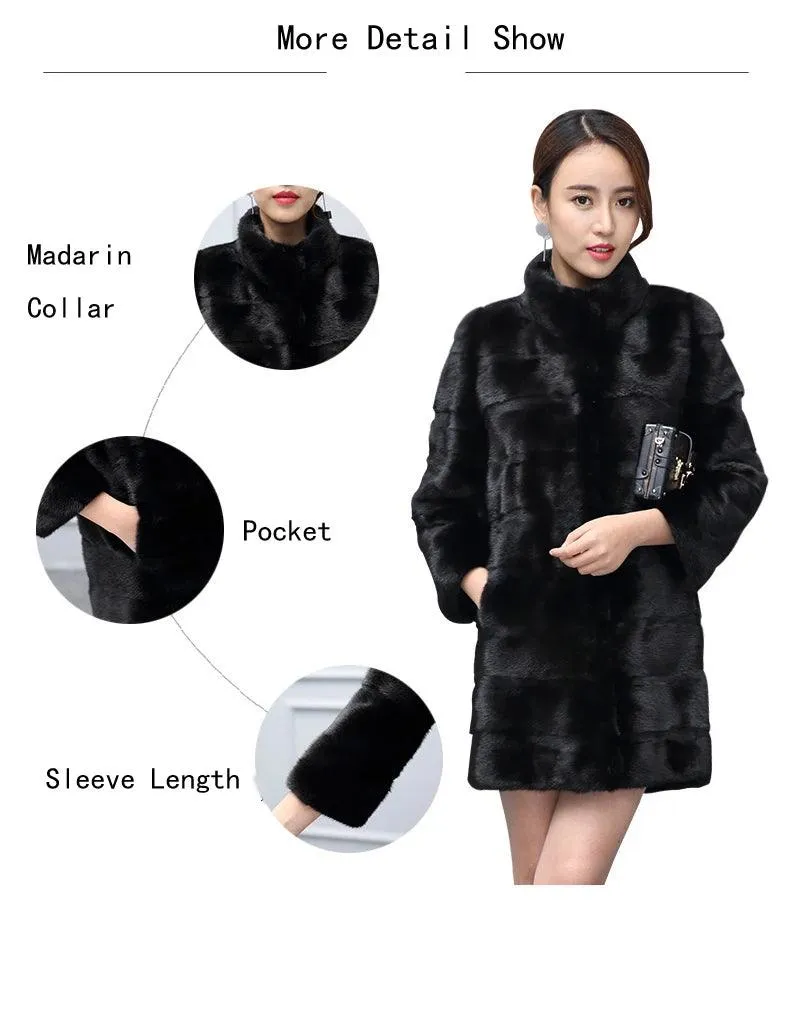 Thick Warm Collar Rabbit Fur Coat Women's Long-sleeve Fashion Jacket  Fur Coat