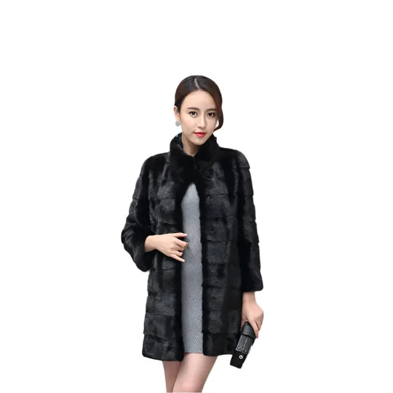 Thick Warm Collar Rabbit Fur Coat Women's Long-sleeve Fashion Jacket  Fur Coat