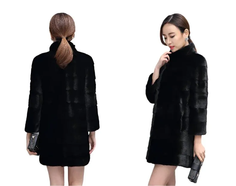 Thick Warm Collar Rabbit Fur Coat Women's Long-sleeve Fashion Jacket  Fur Coat