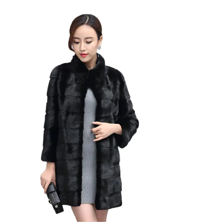 Thick Warm Collar Rabbit Fur Coat Women's Long-sleeve Fashion Jacket  Fur Coat